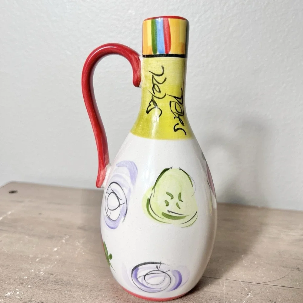Tabletops Gallery Salad 101 Hand Painted Oil Vinegar Cruet‎ & Pepper Shaker Set